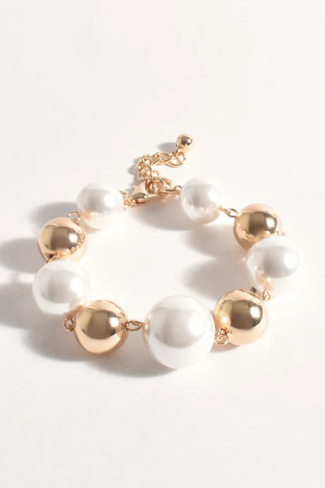 Faux Pearl Metal Ball Bracelet (Cream/Gold)
