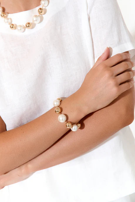 Faux Pearl Metal Ball Bracelet (Cream/Gold)