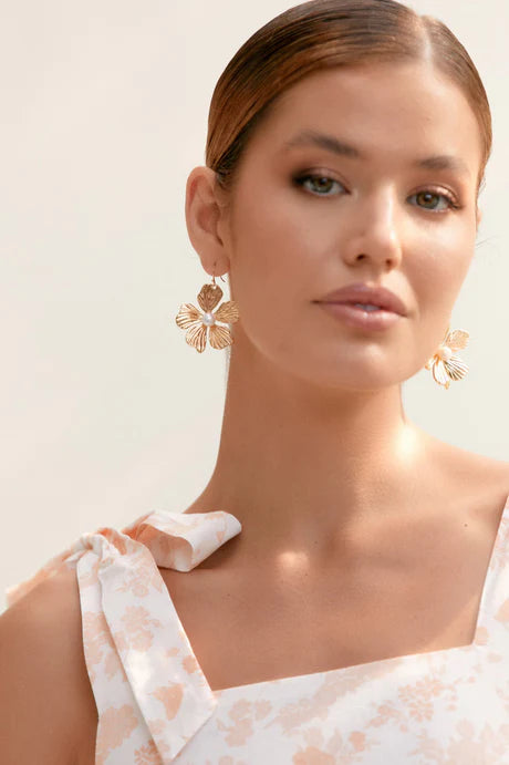 KALANI METAL ORCHID HOOK EARRINGS (GOLD)