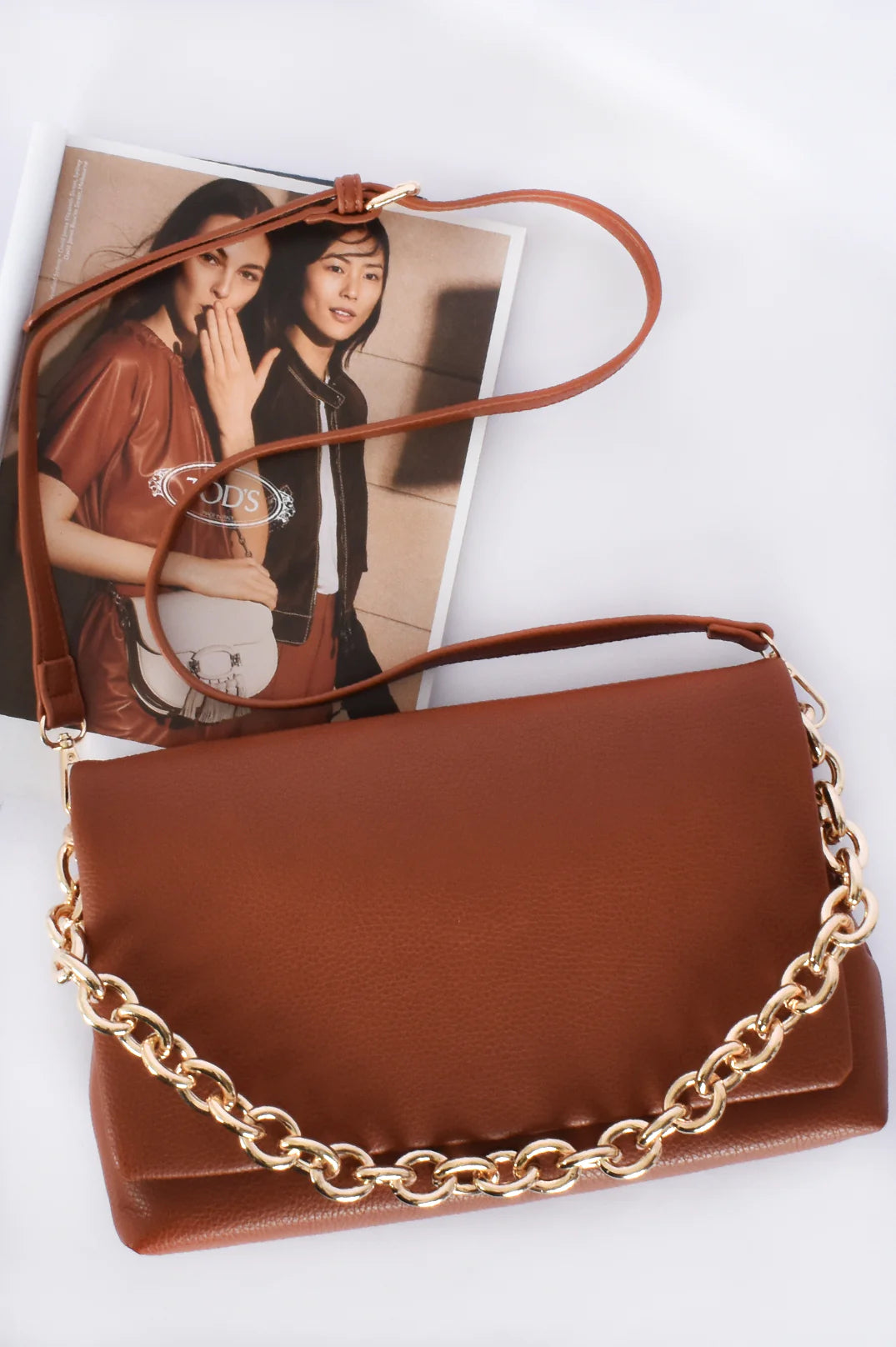 Womens Clutch Handbag in brown with gold chain detail