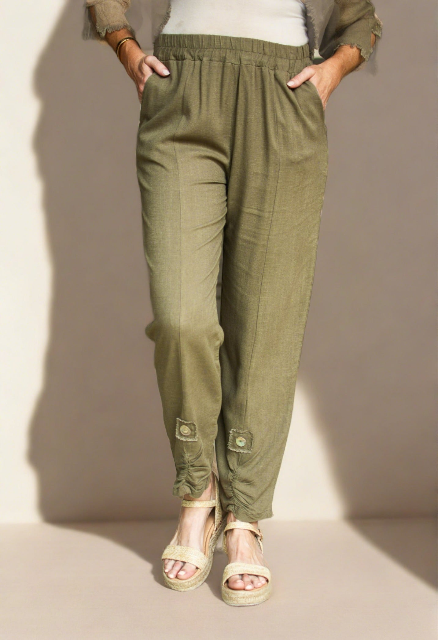 Ladies Khaki Linen Pants with front button detail at bottom