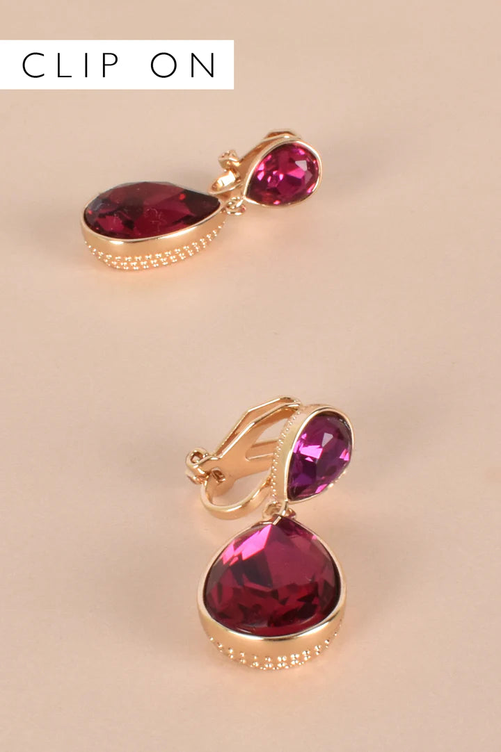 Jewelled Teardrop Clip on Earrings (Pink/GOLD)
