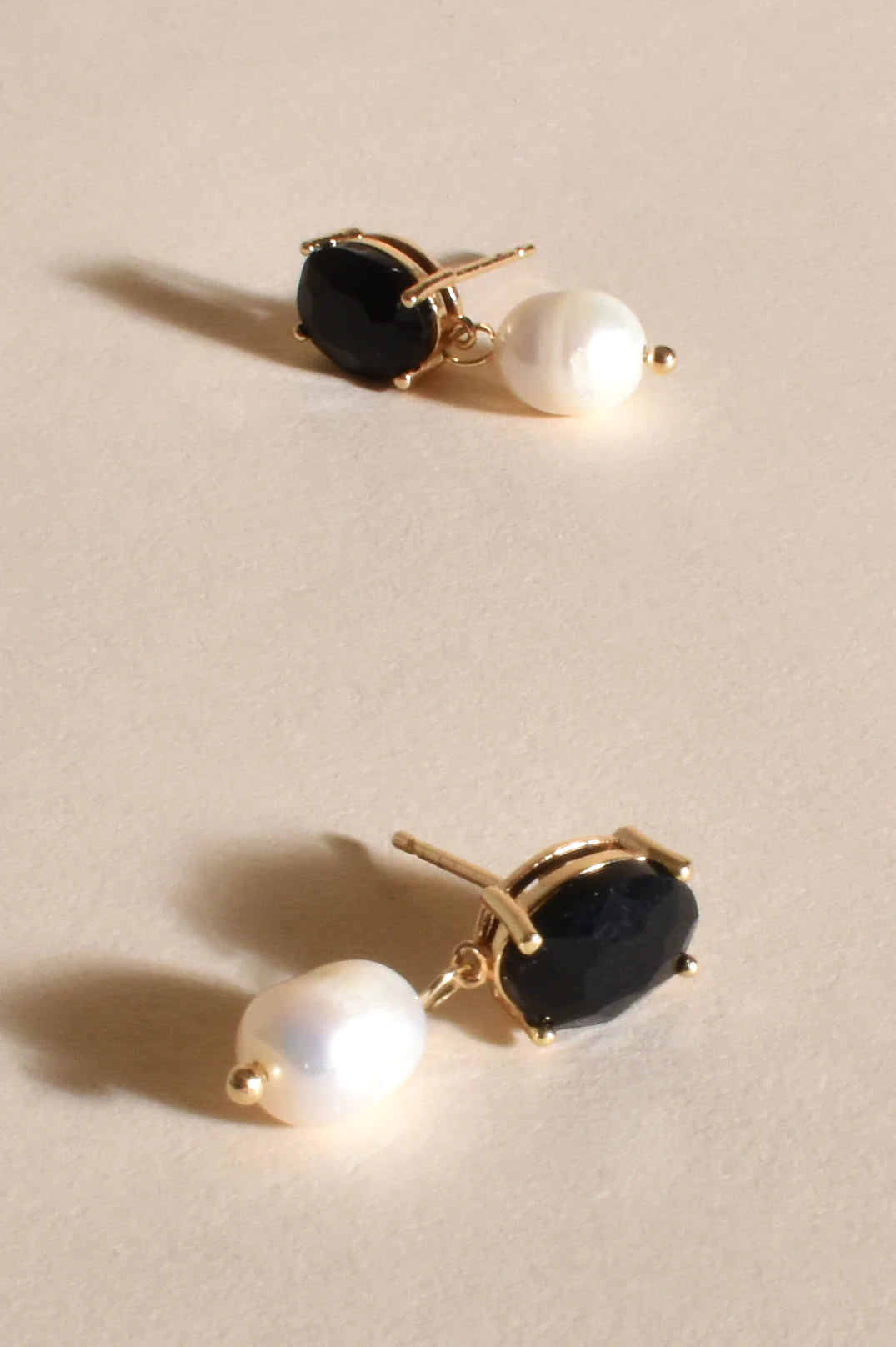 Jewel & Pearl Drop Earrings - Black/Cream