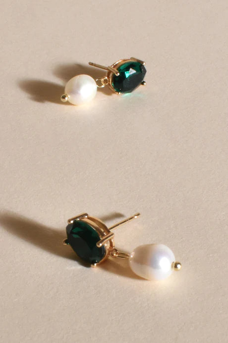 Jewel & Pearl Drop Earrings - Green/Cream