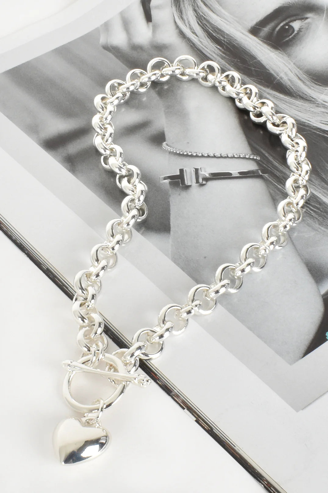 Heart Fob Round Link Chain Necklace - Silver