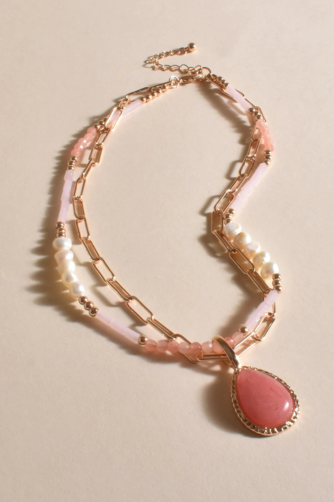 Stone Pendant Short Drop Necklace - Pink/Gold