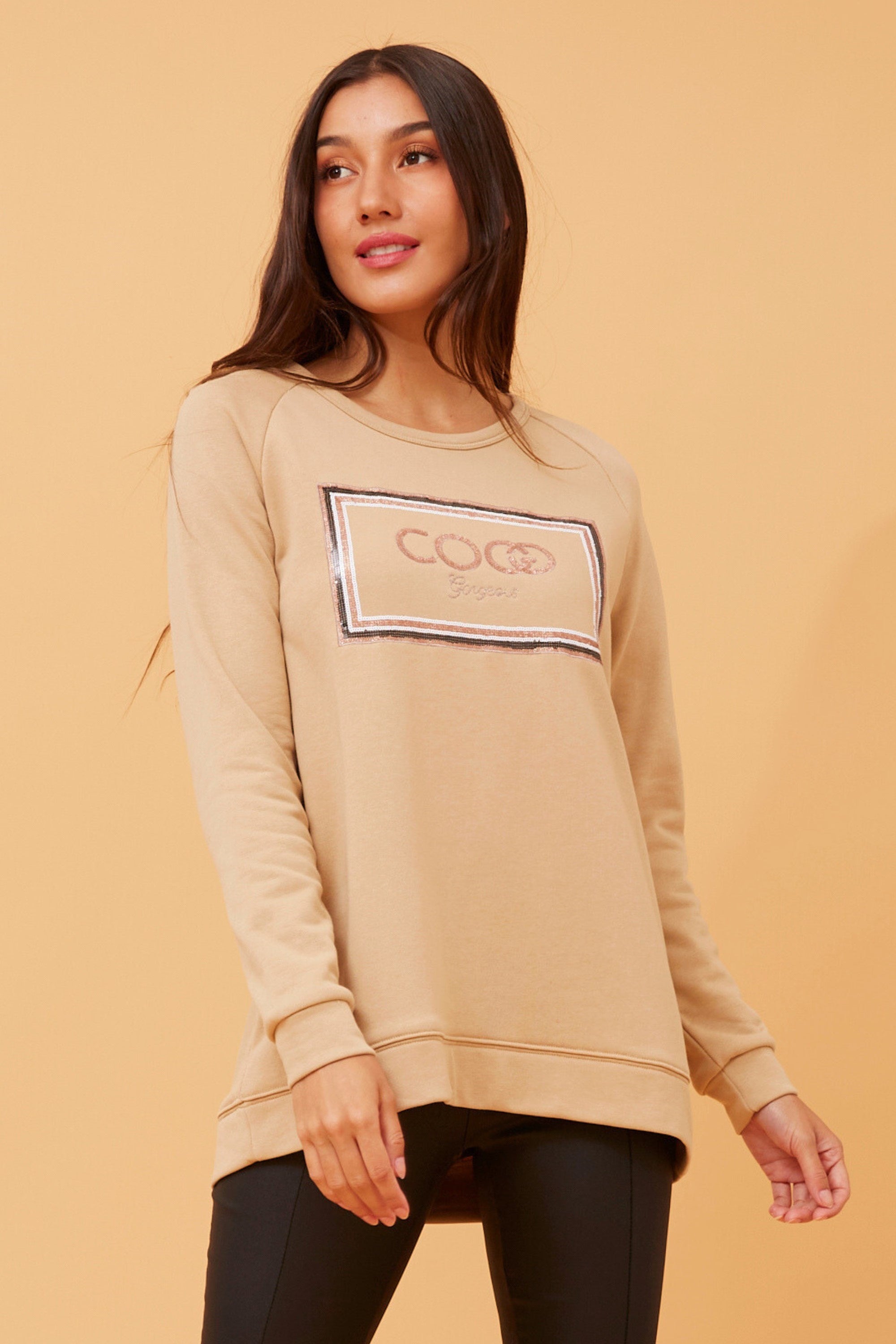 CANDICE SEQUIN GRAPHIC JUMPER (TOFFEE)