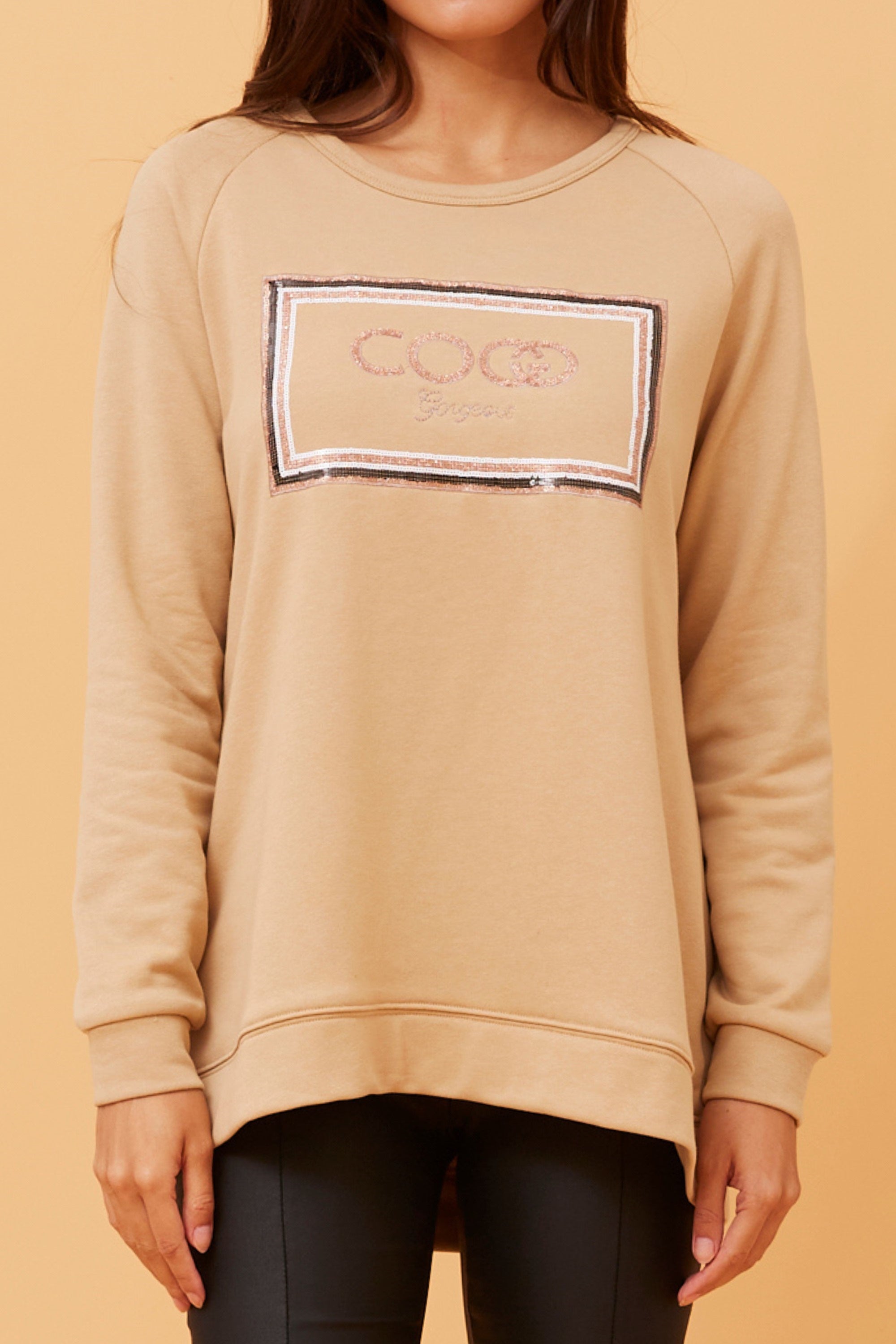 CANDICE SEQUIN GRAPHIC JUMPER (TOFFEE)