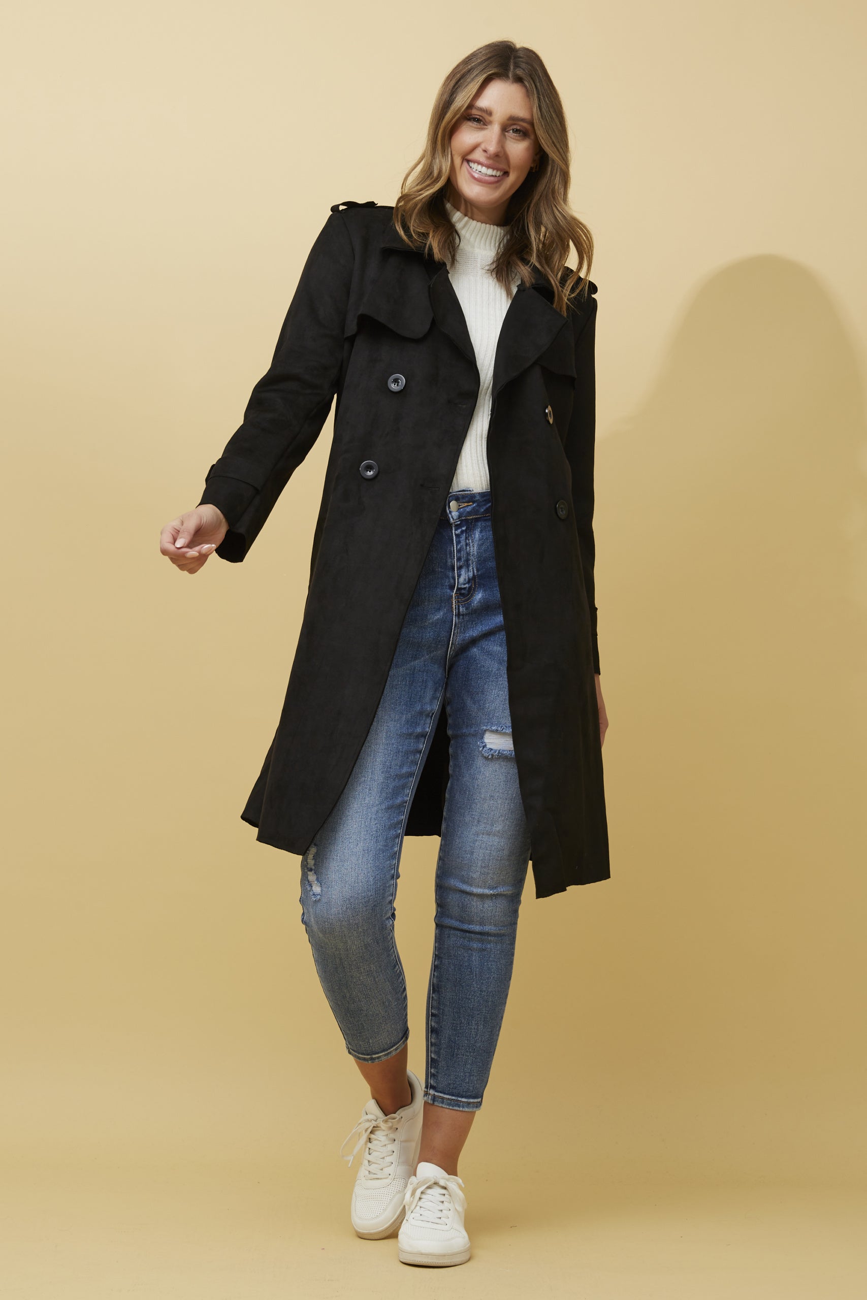 Maria Faux Suede Trench Coat (Black)