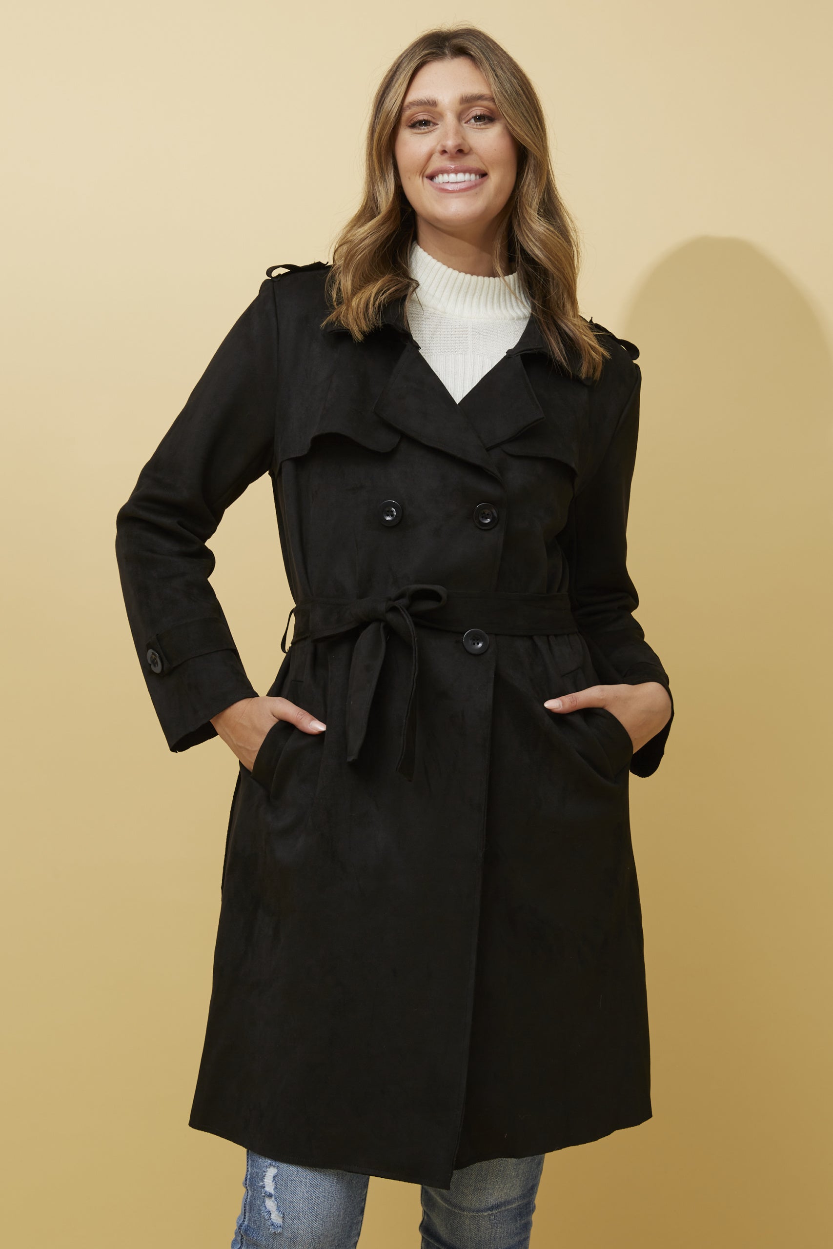 Maria Faux Suede Trench Coat (Black)