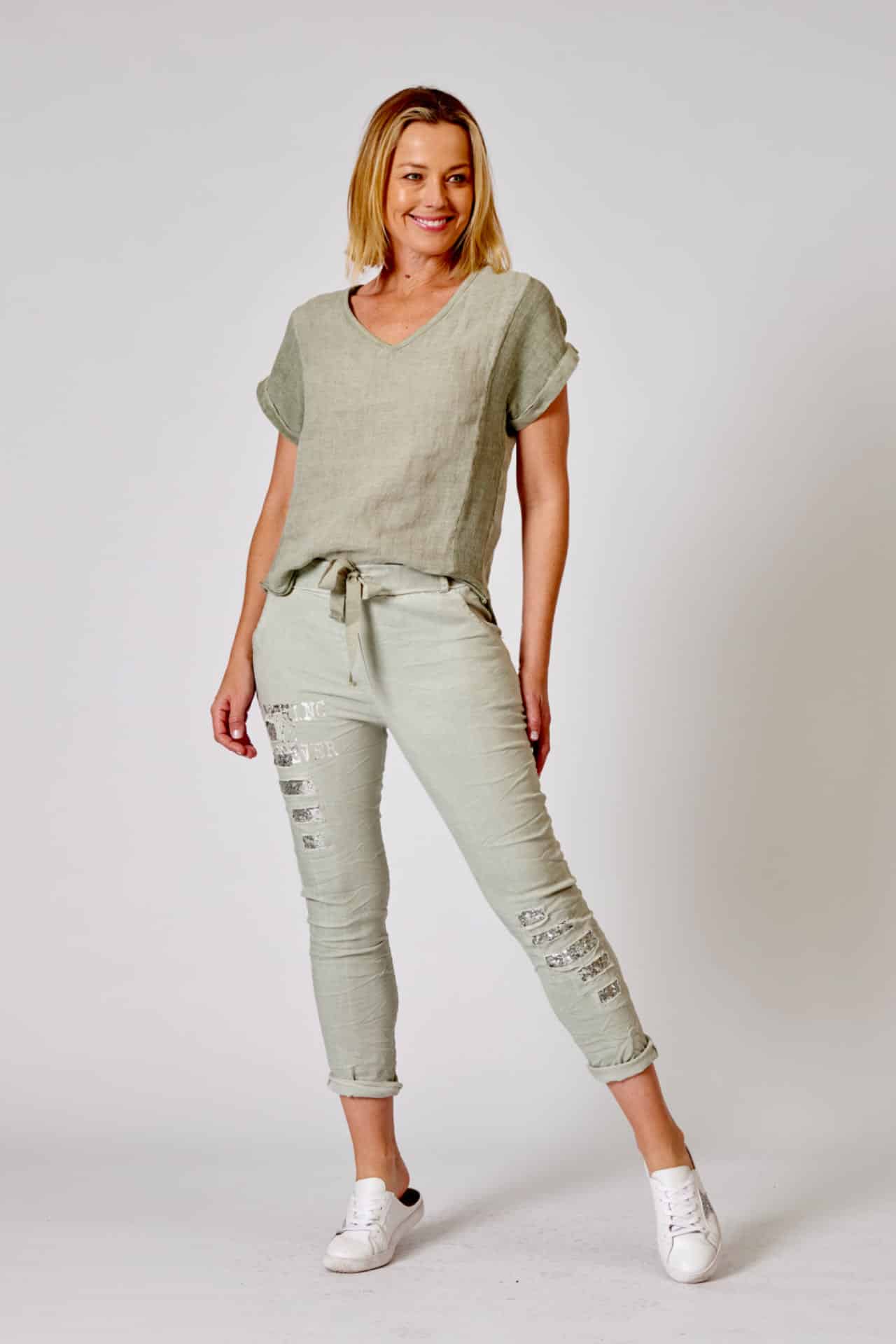 La Strada Pants - Khaki with Silver foil & sequin detailing.