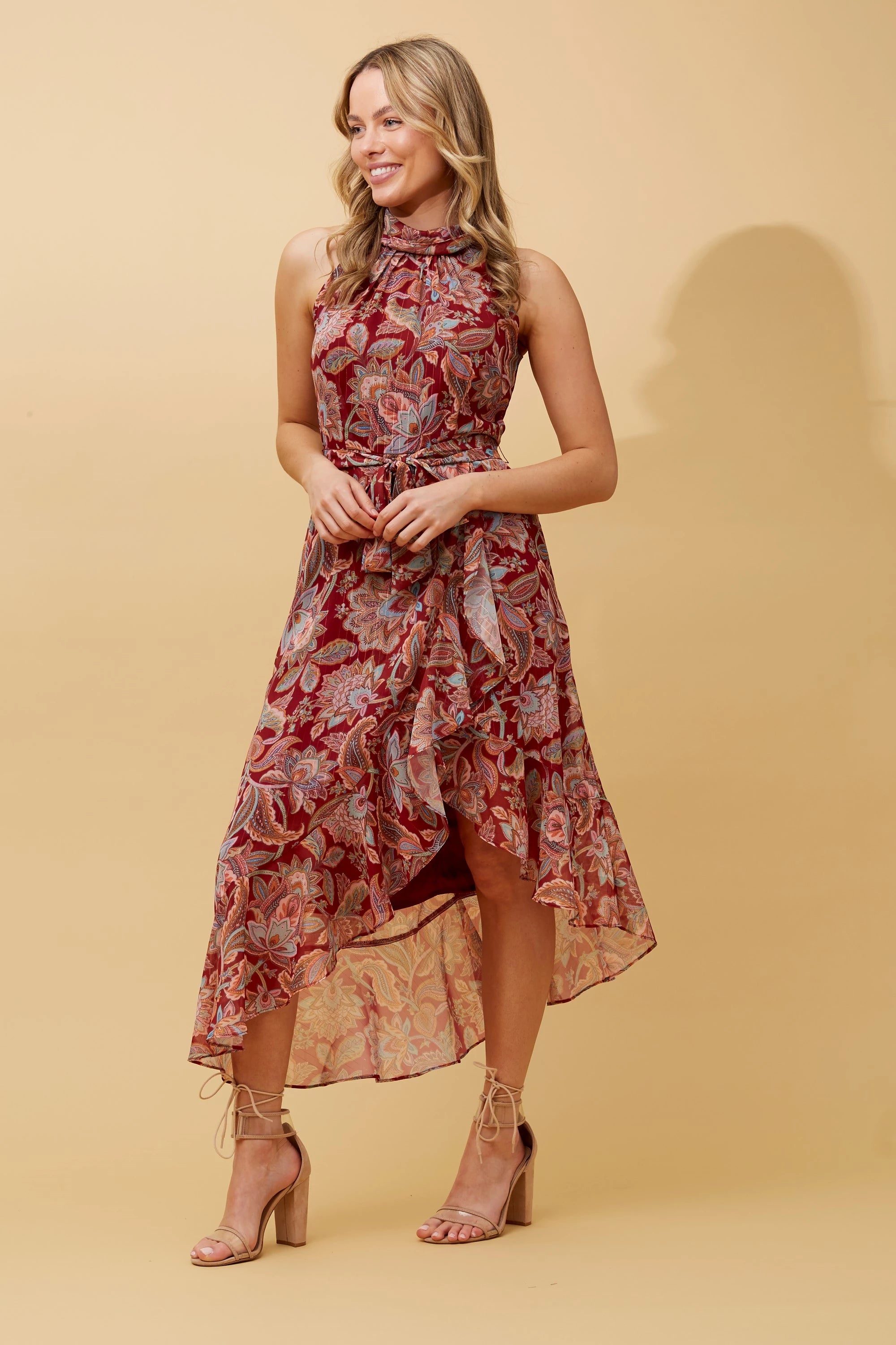 Floral halter midi clearance dress