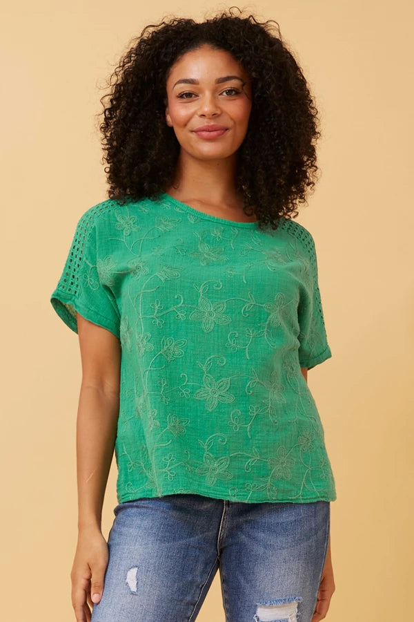 Connie Embroidered Top - Forest Green