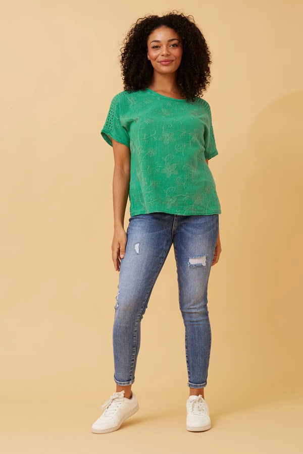 CONNIE EMBROIDERED FLORAL TOP (FOREST GREEN)