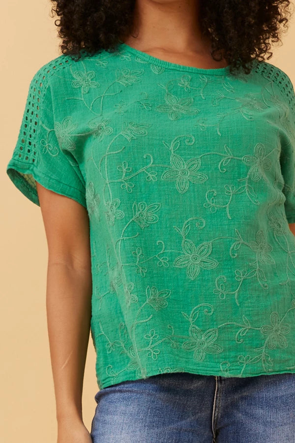 Connie Embroidered Top - Forest Green
