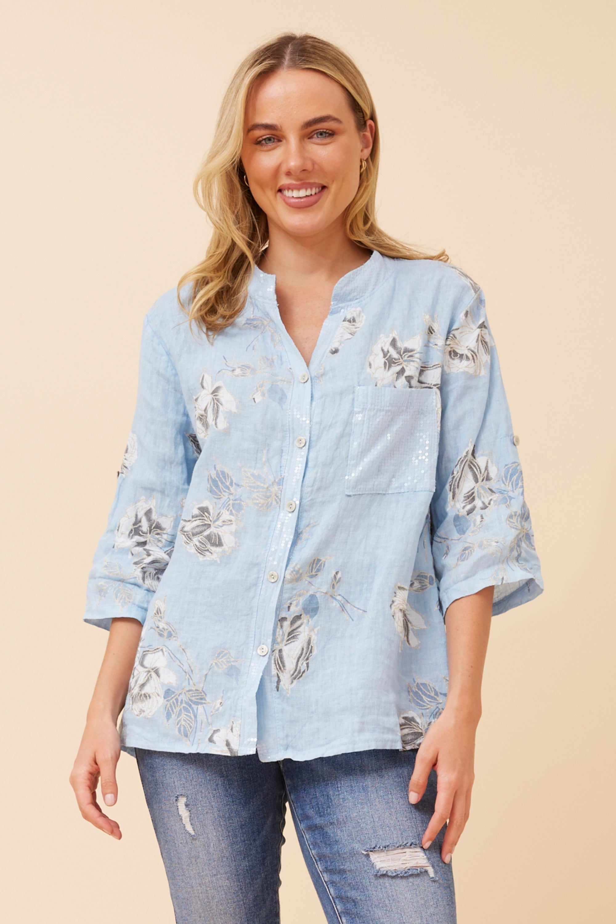 ROSIE FLORAL LINEN SHIRT (LIGHT BLUE)