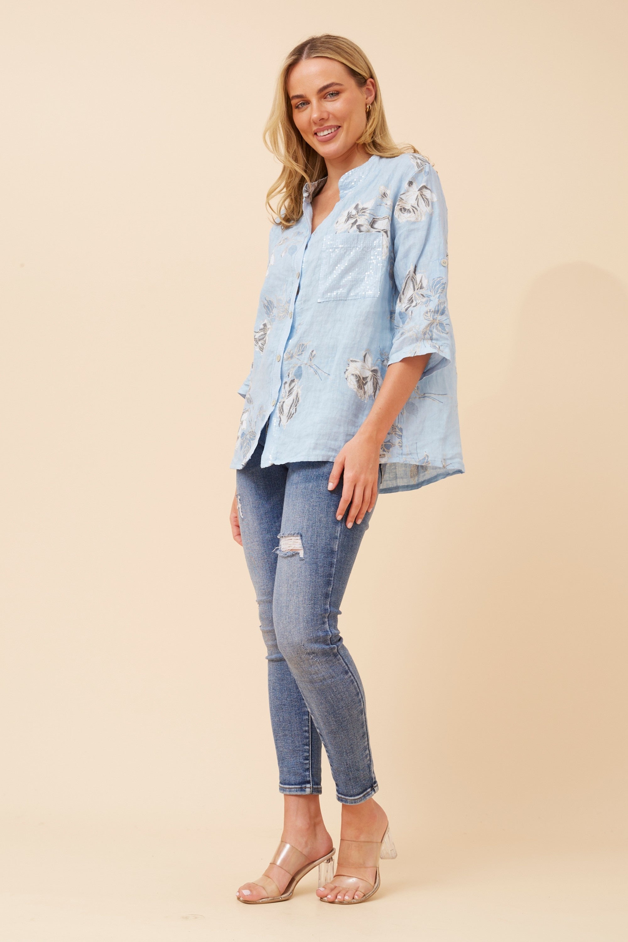 ROSIE FLORAL LINEN SHIRT (LIGHT BLUE)