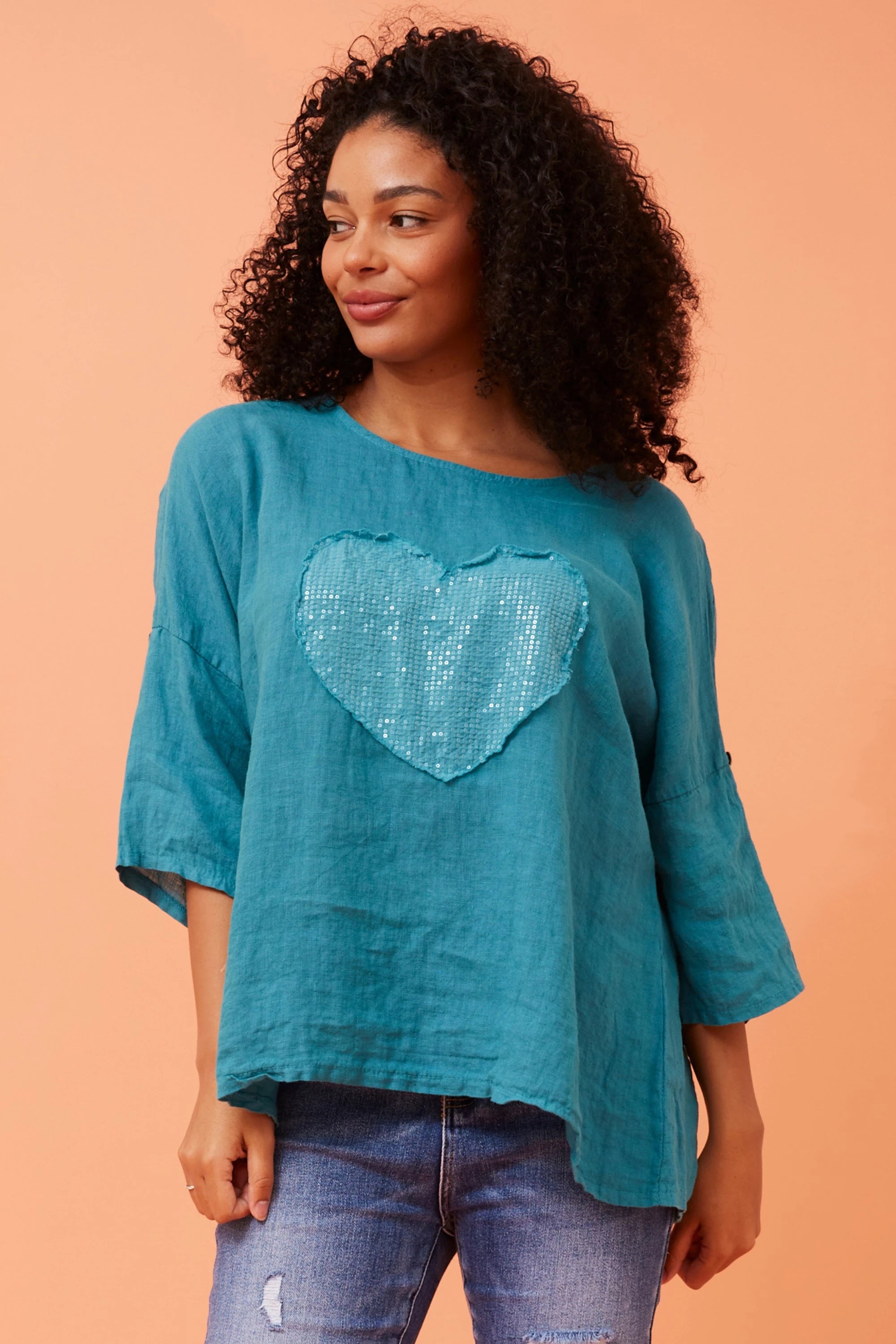 Zonya Sequin Heart Linen Top - Turquoise