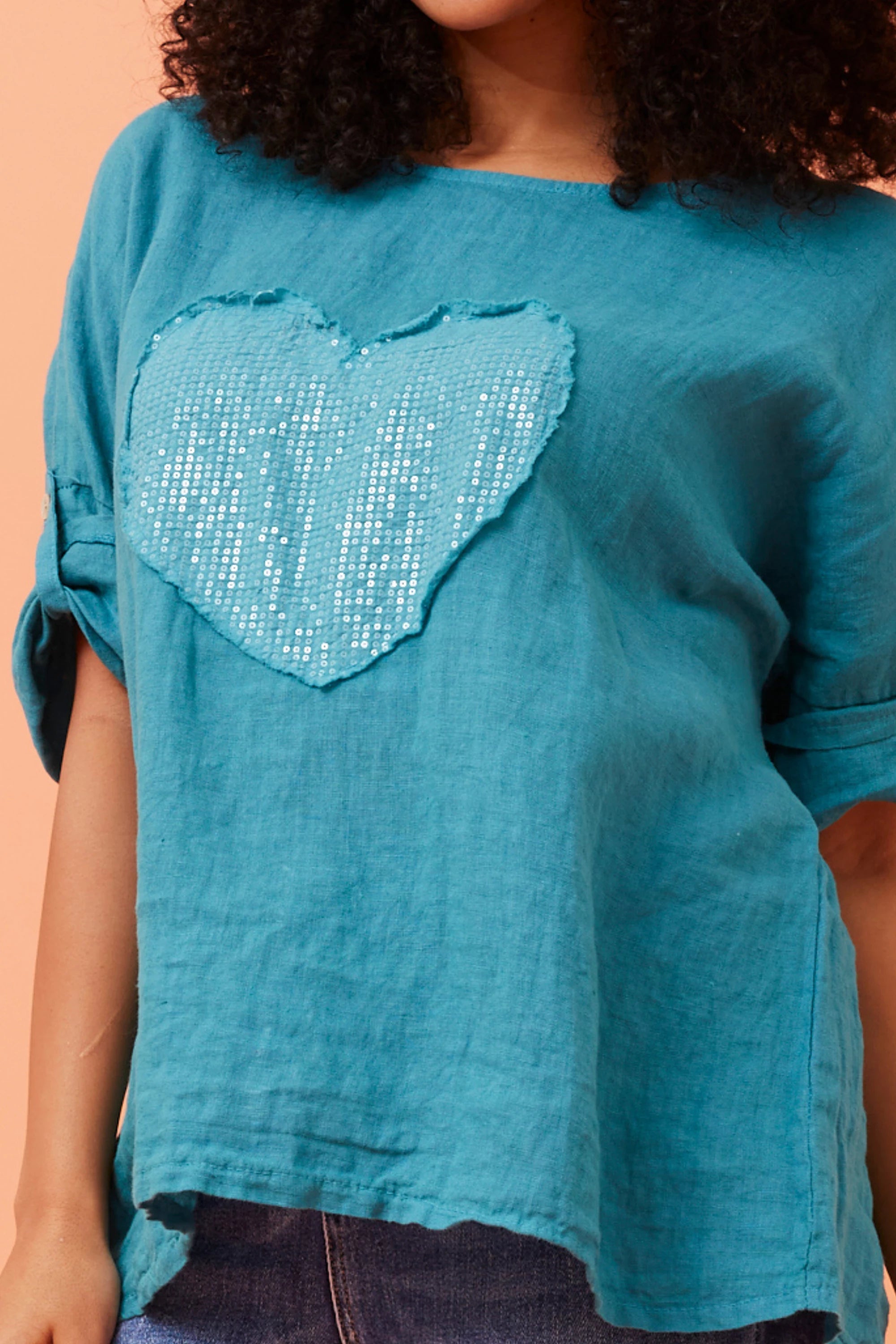 Zonya Sequin Heart Linen Top - Turquoise