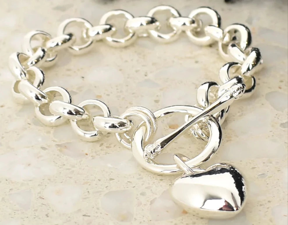 Heart Fob Round Link Chain Bracelet (Silver)