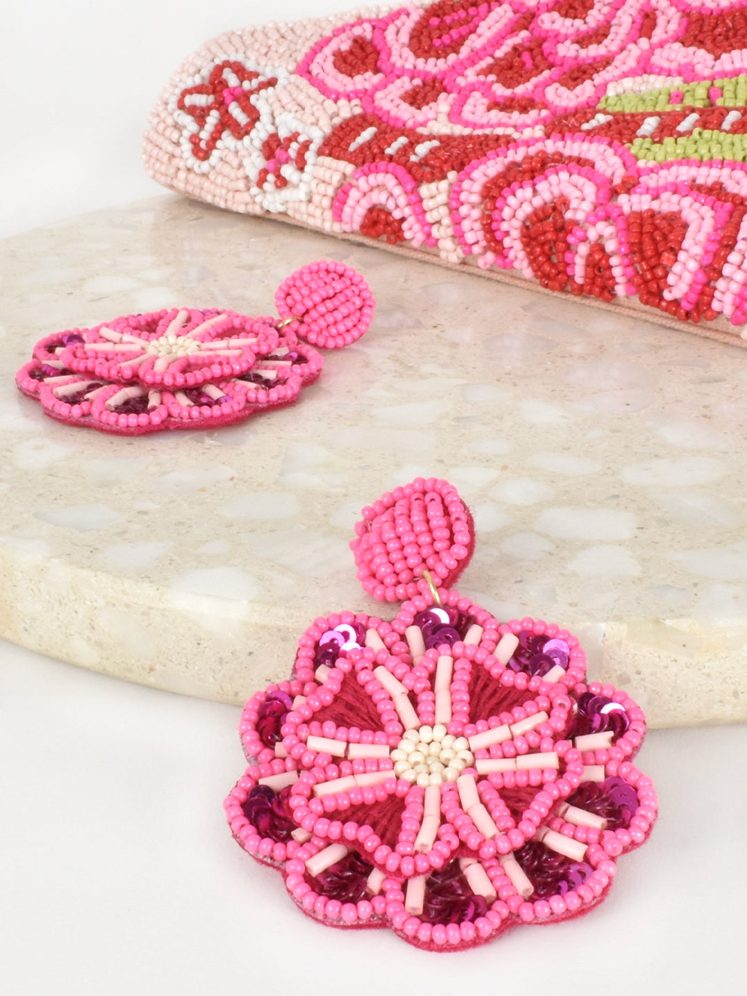 Pink Flower Beaded Earrings with stud back closure. Make a statement with these gorgeous earrings.