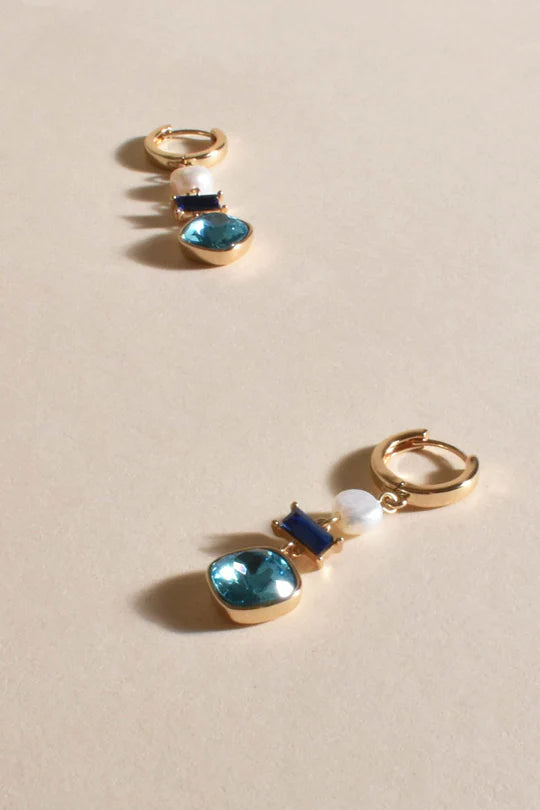 Mini Hoop Jewel Pearl Drop Statement Earrings - Aqua Blue